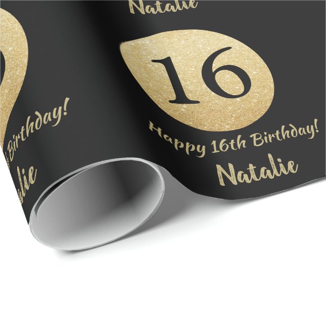 Happy 16th Birthday Black and Gold Glitter Wrapping Paper (Roll Corner)