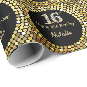 Happy 16th Birthday Black and Gold Glitter Wrapping Paper
