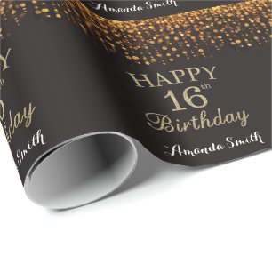 Happy 16th Birthday Black and Gold Glitter Wrapping Paper