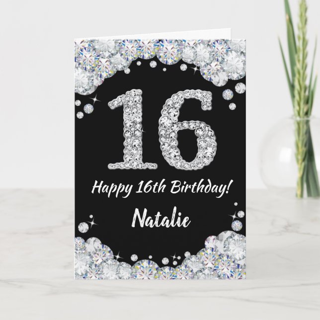 Happy 16th Birthday Black and Silver Glitter Card (Front)