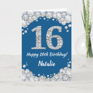 Happy 16th Birthday Blue and Silver Glitter Card