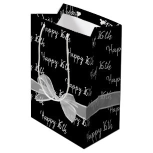Happy 16th Birthday Bow On Black Medium Gift Bag