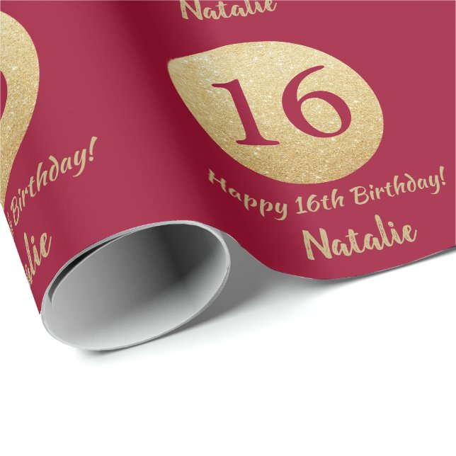 Happy 16th Birthday Burgundy Red and Gold Glitter Wrapping Paper (Roll Corner)