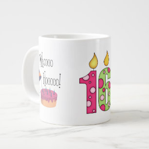 Happy 16th Birthday/Candles+Cake-Customise Name Large Coffee Mug