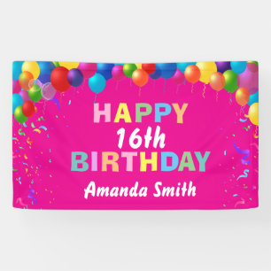 Happy 16th Birthday Colourful Balloons Hot Pink Banner