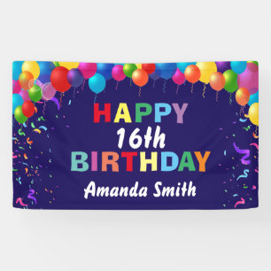 Happy 16th Birthday Colourful Balloons Navy Blue Banner