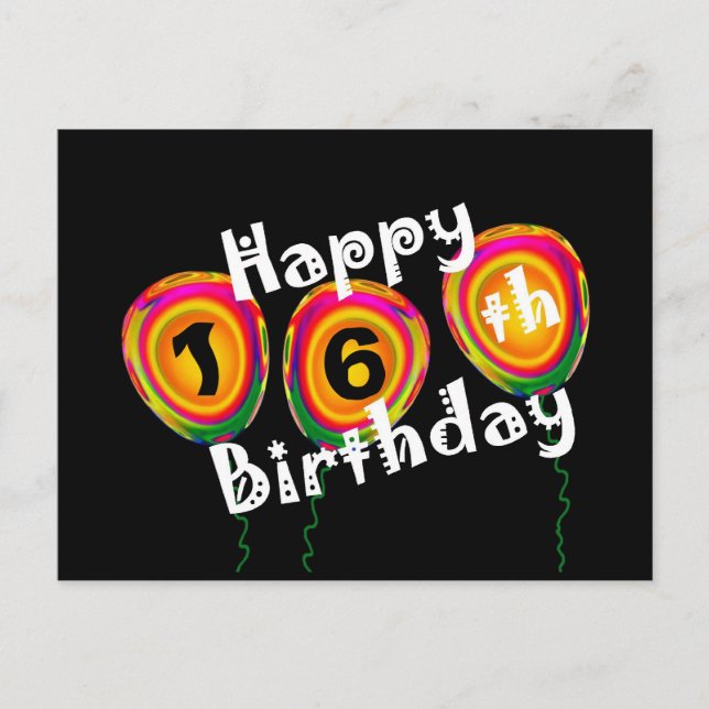 Happy 16th Birthday Colourful Balloons Postcard (Front)