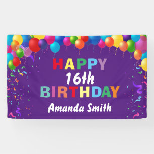 Happy 16th Birthday Colourful Balloons Purple Banner