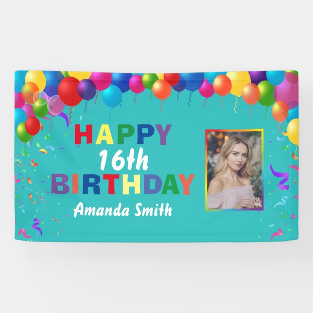 Happy 16th Birthday Colourful Balloons Teal Banner (Horizontal)
