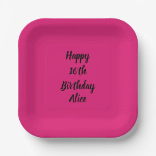 Happy 16th Birthday Custom Name Girly Pink Black Paper Plate