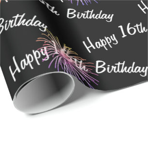 Happy 16th Birthday fireworks on black Wrapping Paper