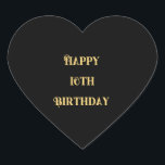 Happy 16th Birthday Gold Black Sixteen Custom Age Heart Sticker<br><div class="desc">Designed with golden yellow text template for "Happy Sixteenth Birthday" message which you may edit to customise and also custom colour background!</div>