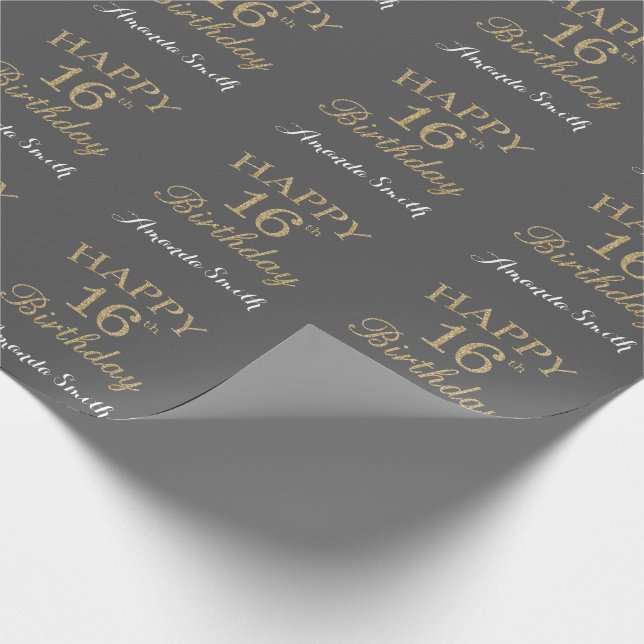 Happy 16th Birthday Gold Glitter and Grey Wrapping Paper (Corner)
