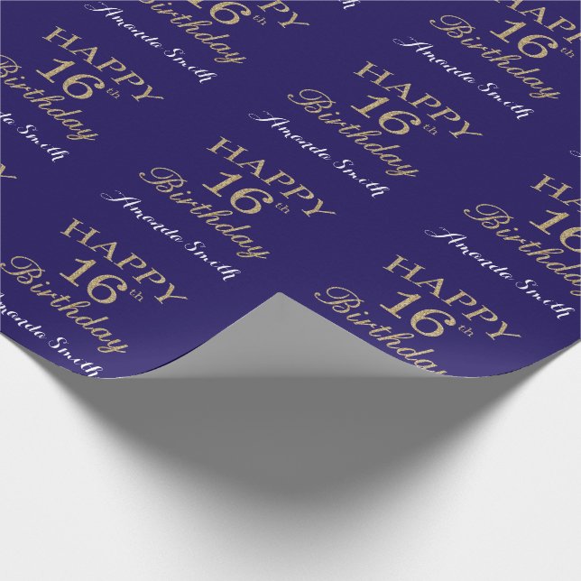 Happy 16th Birthday Gold Glitter and Navy Blue Wrapping Paper (Corner)