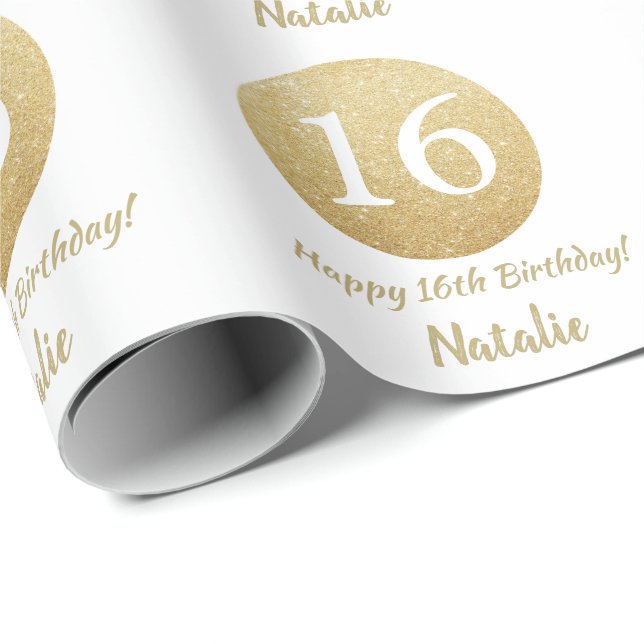 Happy 16th Birthday Gold Glitter and White Wrapping Paper (Roll Corner)