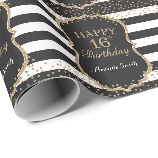 Happy 16th Birthday Gold Glitter Wrapping Paper (Roll Corner)