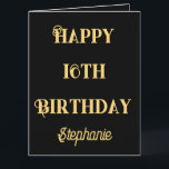 Happy 16th Birthday Gold Sixteen Custom Age Name Card<br><div class="desc">Designed with golden yellow text template for "Happy Sixteenth Birthday" message and custom name template which you may edit to customise and also custom colour background!</div>