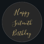 Happy 16th Birthday Golden Yellow Custom Age Black Classic Round Sticker<br><div class="desc">Designed with golden yellow text template for "Happy Sixteenth Birthday" message which you may edit to customise and also custom colour background!</div>