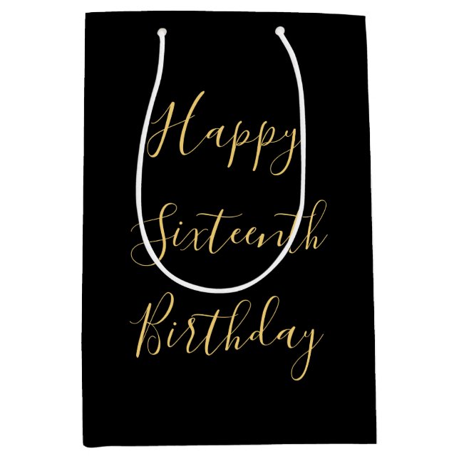 Happy 16th Birthday Golden Yellow Custom Age Black Medium Gift Bag (Front)