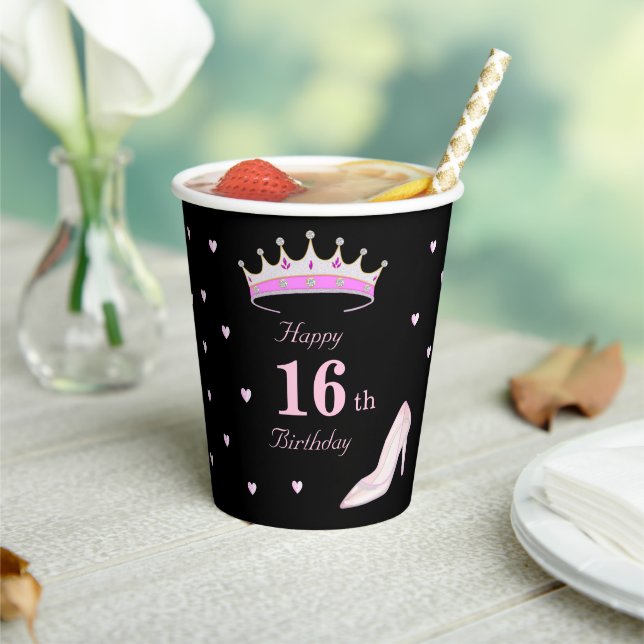 Happy 16th Birthday in Black & Pink Paper Cups (Insitu)