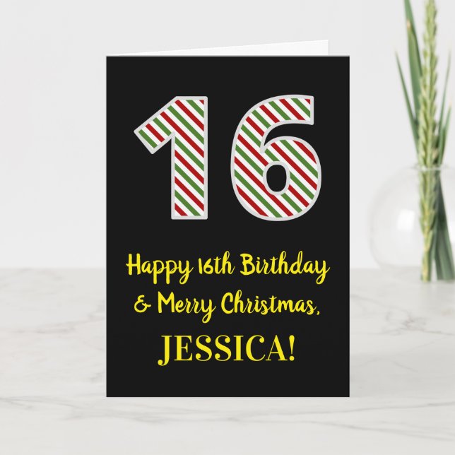 Happy 16th Birthday & Merry Christmas, Custom Name Card (Front)