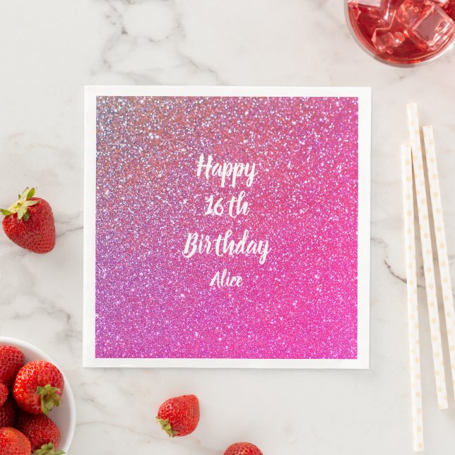 Happy 16th Birthday Name Pink Rose Gold Glitter Napkin (Insitu)