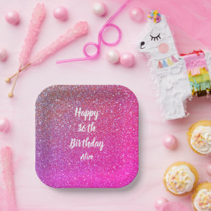 Happy 16th Birthday Name Pink Rose Gold Glitter Paper Plate
