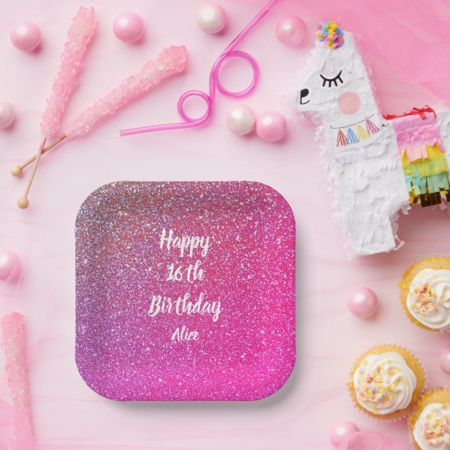 Happy 16th Birthday Name Pink Rose Gold Glitter Paper Plate (Party)