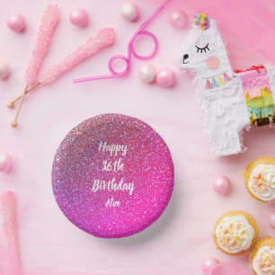 Happy 16th Birthday Name Pink Rose Gold Glitter Paper Plate
