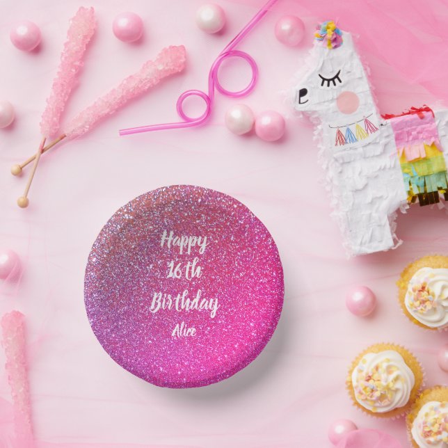 Happy 16th Birthday Name Pink Rose Gold Glitter Paper Plate (Party)