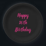 Happy 16th Birthday Pink Black Custom Colour 2023 Paper Plate<br><div class="desc">Designed with text template for "Happy 16th Birthday" message which you can customise! You may also change the background colour as you like.</div>