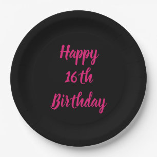 Happy 16th Birthday Pink Black Custom Colour 2023 Paper Plate