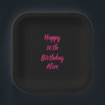 Happy 16th Birthday Pink Black Custom Colour Name Paper Plate<br><div class="desc">Designed with text template for "Happy 16th Birthday" message and name which you can customise! You may also change the background colour as you like.</div>