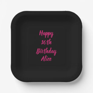 Happy 16th Birthday Pink Black Custom Colour Name Paper Plate