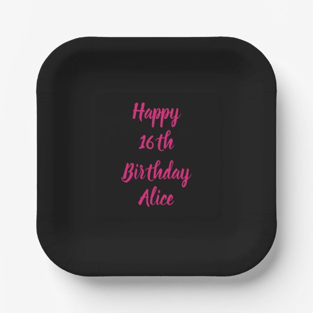 Happy 16th Birthday Pink Black Custom Colour Name Paper Plate (Front)