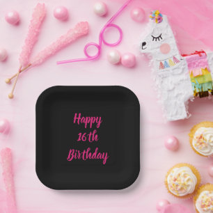 Happy 16th Birthday Pink Black Custom Colour Text Paper Plate