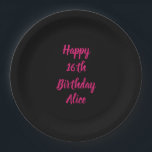 Happy 16th Birthday Pink Black Custom Name Colour Paper Plate<br><div class="desc">Designed with text template for "Happy 16th Birthday" message and name which you can customise! You may also change the background colour as you like.</div>