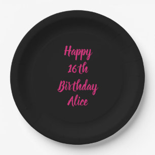 Happy 16th Birthday Pink Black Custom Name Colour Paper Plate