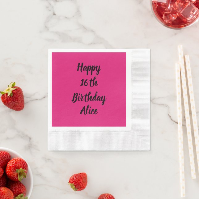 Happy 16th Birthday Pink Black Custom Name Girly Napkin (Insitu)