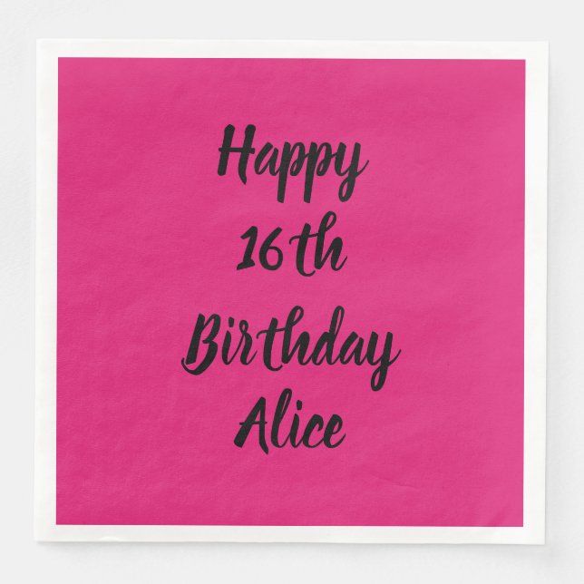 Happy 16th Birthday Pink Black Custom Name Girly Napkin (Front)