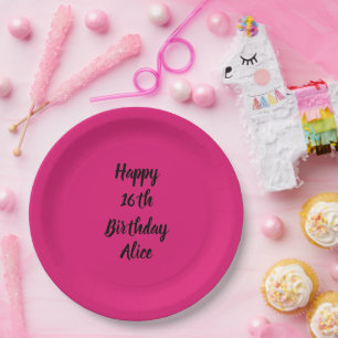 Happy 16th Birthday Pink Black Custom Name Girly Paper Plate