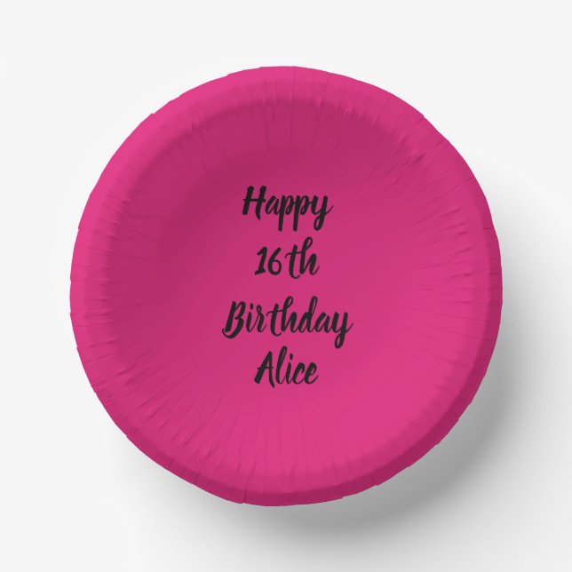 Happy 16th Birthday Pink Black Custom Name Girly  Paper Plate (Front)