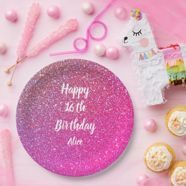 Happy 16th Birthday Pink Rose Gold Glitter Name Paper Plate (Party)