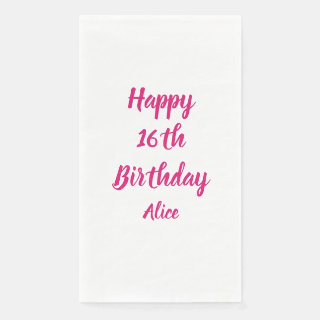 Happy 16th Birthday Pink White Custom Name Girly Napkin (Front)