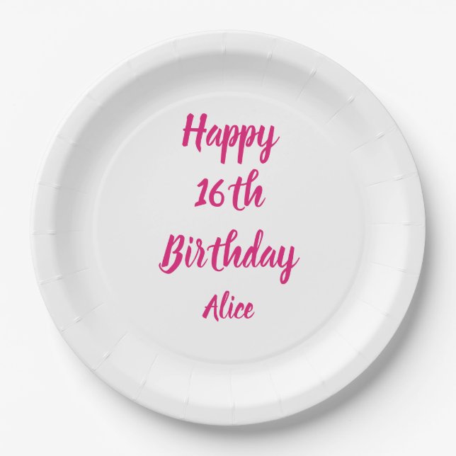 Happy 16th Birthday Pink White Custom Name Girly Paper Plate (Front)