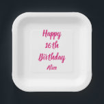 Happy 16th Birthday Pink White Custom Name Girly Paper Plate<br><div class="desc">Designed with text template for "Happy 16th Birthday" message and name which you can customise! You may also change the background colour as you like.</div>