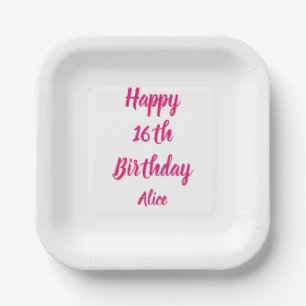 Happy 16th Birthday Pink White Custom Name Girly Paper Plate