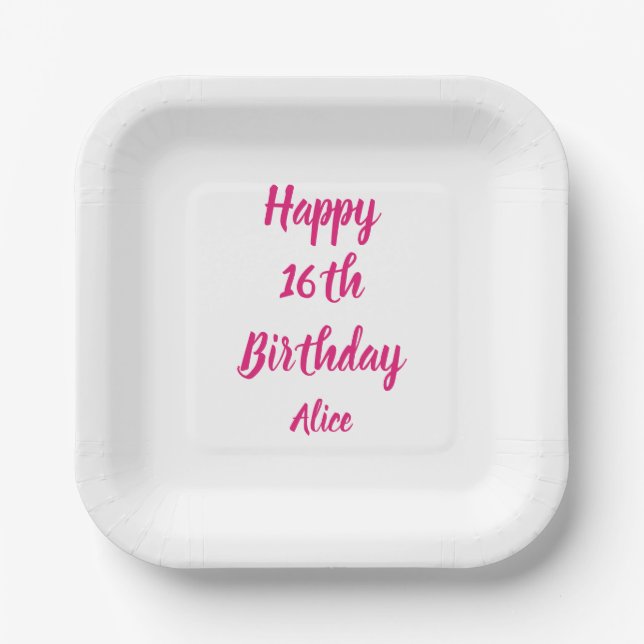 Happy 16th Birthday Pink White Custom Name Girly Paper Plate (Front)