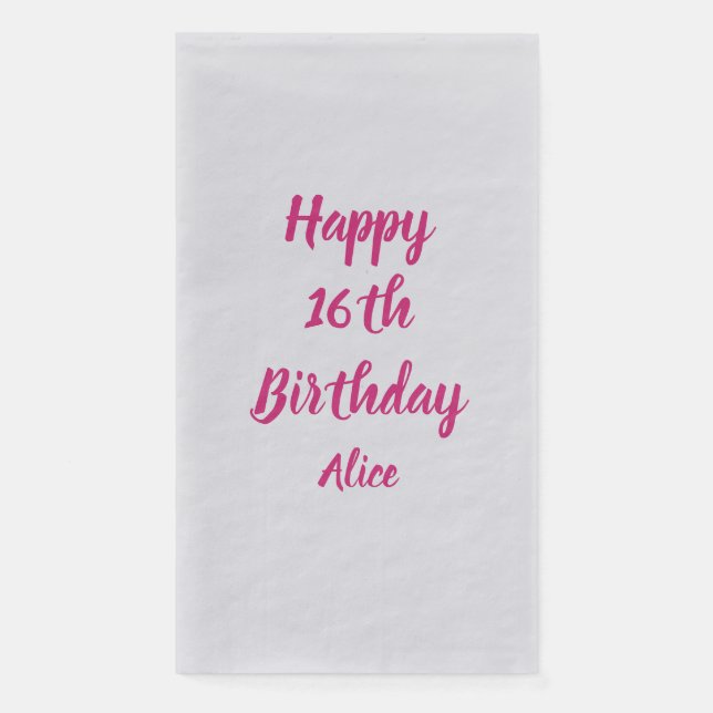 Happy 16th Birthday Pink White Custom Name Silver Napkin (Front)