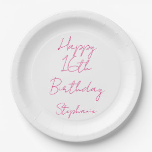Happy 16th Birthday Pink White Sixteenth 2024 Paper Plate